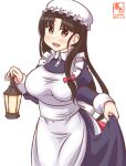  1girl alternate_costume apron artist_logo black_hair blue_dress blush breasts brown_eyes candle collared_dress cowboy_shot dated dress enmaided eyebrows_visible_through_hair frilled_apron frills hat kanon_(kurogane_knights) kantai_collection large_breasts long_hair long_sleeves low-tied_long_hair maid maid_apron one-hour_drawing_challenge puffy_sleeves shouhou_(kancolle) simple_background solo white_apron white_background 
