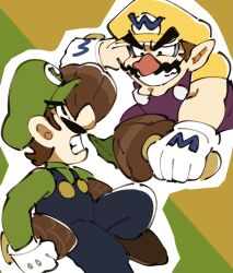  2boys blue_eyes brown_hair commentary facial_hair gloves green_shirt hat highres kinoko_no_yama luigi male_focus mimimi_(mimimim9999) multiple_boys mustache overalls pointy_ears shirt short_hair super_mario_bros. takenoko_no_sato wario white_gloves 