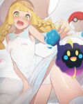  1girl bangs blonde_hair blunt_bangs blush braid breasts collared_dress commentary_request cosmog crying dress from_below green_eyes hat lillie_(pokemon) long_hair looking_down open_mouth panties poke_ball poke_ball_(basic) pokemon pokemon_(creature) pokemon_(game) pokemon_sm shiny shiny_skin sleeveless sleeveless_dress sun_hat sundress tears tongue tostos twin_braids underwear white_dress white_panties 