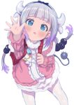  1girl absurdres arad_baranga bag beads blue_eyes blush bow bright_pupils dragon_horns frills grey_hair hair_bow hatching_(texture) highres horns kanna_kamui kobayashi-san_chi_no_maidragon long_hair multicolored_hair open_hand open_mouth purple_hair reaching_out red_bag simple_background sketch slit_pupils solo tail white_background white_legwear white_pupils 