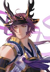  1boy alternate_costume antlers armor bangs bare_shoulders fake_horns hel0205 highres horned_headwear horns japanese_armor japanese_clothes long_sideburns male_focus parted_bangs ponytail redhead reindeer_antlers sideburns smile solo thick_eyebrows tonbokiri_(touken_ranbu) touken_ranbu upper_body wind yellow_eyes 