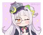  1girl bangs blunt_bangs hat hololive kukie-nyan long_hair looking_at_viewer monocle murasaki_shion pipe silver_hair smile solo virtual_youtuber 