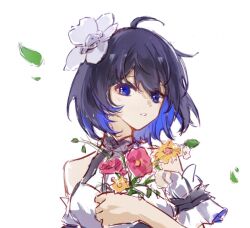  1girl ahoge bare_shoulders black_hair blue_eyes blue_hair bouquet breasts commentary_request dress flower grey_flower hair_flower hair_ornament hand_up holding holding_bouquet honkai_(series) honkai_impact_3rd medium_breasts multicolored_hair parted_lips pink_flower rio_(user_kzxp8757) seele_vollerei simple_background solo two-tone_hair upper_body white_background white_dress yellow_flower 