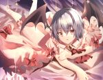  1girl bat_wings bed eyebrows_visible_through_hair hair_between_eyes lying no_hat no_headwear purple_hair red_eyes remilia_scarlet shiromoru_(yozakura_rety) short_hair solo touhou wings 