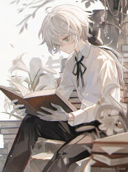  1boy ahoge artist_name black_bow black_pants black_ribbon book book_stack bow closed_mouth commentary_request expressionless flower gloves grey_eyes hair_between_eyes hair_bow highres holding holding_book lily_(flower) long_hair long_sleeves male_focus namiki_itsuki neck_ribbon original pants ponytail reading ribbon shirt solo twitter_username white_flower white_gloves white_hair white_shirt 