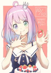  1girl ahoge awokani blue_hair blueberry bracelet candy_hair_ornament commentary_request crescent crescent_earrings crown dated earrings food food-themed_hair_ornament food_on_face fruit gradient_hair green_eyes hair_ornament happy_birthday highres himemori_luna holding holding_food holding_fruit hololive jewelry medium_hair mini_crown multicolored_hair pink_hair raspberry smile solo star_(symbol) strawberry tilted_headwear tongue tongue_out upper_body violet_eyes virtual_youtuber 