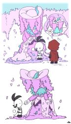  1other 2girls ahoge alriune cape closed_mouth coat colored_skin disembodied_hand extra_arms faceless flower force_(4sk_force) hand_up hood hooded_cape little_red_riding_hooded_mercenary lobotomy_corporation mannequin monster_girl multiple_girls open_mouth pink_flower project_moon red_cape smile the_silent_orchestra thought_bubble white_coat white_skin 