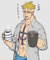  1boy abs anchor_tattoo beard_stubble blonde_hair blue_sash commentary_request cup facial_hair glasses highres holding holding_cup looking_at_viewer male_focus marco_(one_piece) one_piece open_clothes open_shirt sash shirt smile solo stubble tattoo tentaro_en upper_body white_shirt 