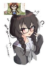  1girl ? absurdres aged_down black-framed_eyewear black_hair black_sweater blush braid bright_pupils charo_(meme) commentary cropped_torso eyelashes flying_sweatdrops glasses grey_neckerchief hair_between_eyes hand_up highres inaba_meguru koiirohanab long_hair looking_at_viewer meme neckerchief official_alternate_costume official_alternate_hair_color official_alternate_hairstyle open_mouth photo-referenced raised_eyebrows red_eyes sailor_collar sanoba_witch school_uniform serafuku shy simple_background sleeves_past_wrists solo sweater translated tsurime twin_braids upper_body v white_background white_sailor_collar 