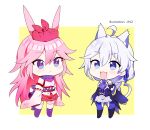  2girls animal_ears bangs bare_shoulders bento blue_eyes border braid braided_ponytail cat_ears cat_tail chibi closed_mouth fox_ears full_body honkai_(series) honkai_impact_3rd japanese_clothes jin2 kallen_kaslana kallen_kaslana_(sixth_serenade) long_hair miko multiple_girls open_mouth pants pink_hair pink_skirt purple_pants purple_scarf scarf skirt tail thigh-highs violet_eyes white_border white_hair white_legwear white_sleeves yae_sakura yae_sakura_(gyakushinn_miko) yellow_background 