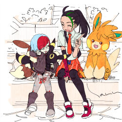  2girls blue_hair boots closed_eyes collared_shirt commentary_request glasses gloves green_hair haruhashi highres hood hood_down hoodie index_finger_raised long_hair long_sleeves multicolored_hair multiple_girls necktie nemona_(pokemon) open_mouth pantyhose pawmot penny_(pokemon) pokemon pokemon_(creature) pokemon_sv ponytail redhead shirt shoes short_hair short_sleeves shorts single_glove streaked_hair umbreon white_shirt 