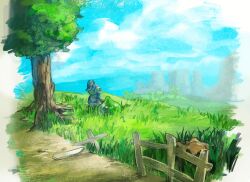  1boy belt blue_sky blue_tunic dragon_quest dragon_quest_ii facing_away fence from_behind full_body helmet male_focus mari-mason outdoors path prince_of_lorasia scenery sitting sky slime_(dragon_quest) tree tunic wooden_fence 