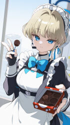  1girl black_dress black_gloves blonde_hair blue_archive blue_bow blue_bowtie blue_eyes blue_halo bow bowtie bun_cover chocolate dress earpiece fingerless_gloves food gloves hair_bow hair_intakes halo hands_up highres holding holding_food juliet_sleeves light_blush long_sleeves looking_at_viewer maid_headdress momoyama_momo puffy_sleeves solo toki_(blue_archive) v white_headdress 