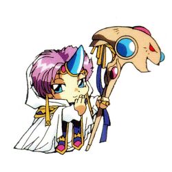  1990s_(style) 1boy artbook blue_eyes chibi chibi_only clef_(rayearth) hand_on_own_face holding holding_staff ishida_atsuko magic_knight_rayearth official_art purple_hair retro_artstyle scan simple_background smug staff white_background 