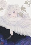  1girl absurdres bangs blue_eyes clouds colored_eyelashes feathers flower highres holding leaf looking_down night night_sky original pale_skin personification sky solo star_(sky) starry_sky surreal swept_bangs ushiyama_ame white_hair wings 