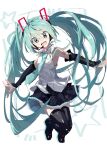  10011018 1girl absurdres aqua_eyes aqua_hair aqua_necktie bare_shoulders black_legwear black_skirt black_sleeves collaboration colorized commentary detached_sleeves floating full_body hair_ornament hatsune_miku hatsune_miku_(vocaloid4) headphones headset highres legs_up long_hair looking_at_viewer miniskirt necktie outstretched_arms pleated_skirt shibatadtm shirt shoulder_tattoo skirt sleeveless sleeveless_shirt solo star star_(symbol) tattoo thigh-highs twintails v4x very_long_hair vocaloid white_background white_shirt zettai_ryouiki 