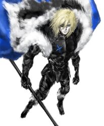  1boy armor armored_gloves armored_legwear black_armor black_fur blonde_hair blue_cape blue_eyes boots cape closed_mouth cuisses dimitri_alexandre_blaiddyd eyepatch fire_emblem fire_emblem:_three_houses fur-trimmed_boots fur-trimmed_cape fur_trim greaves hair_between_eyes highres holding holding_polearm holding_weapon jigglypuffhatta looking_at_viewer male_focus one_eye_covered polearm simple_background solo weapon white_background white_fur 