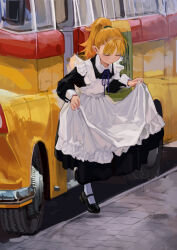  1girl ahoge apron black_dress black_footwear blonde_hair bowing closed_eyes closed_mouth collared_dress curtsey dress frilled_apron frills full_body hair_tie high_ponytail juliet_sleeves kn_rookie long_sleeves maid mary_janes medium_hair neck_ribbon original outdoors pantyhose pointy_ears puffy_sleeves purple_ribbon ribbon shoes skirt_hold solo standing standing_on_one_leg white_apron white_pantyhose 