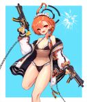  1girl ahoge bare_legs bare_shoulders bikini bikini_under_clothes black_bikini black_jacket blue_archive blue_background blush border braid breasts bullet_hole collarbone dual_wielding earrings eyebrows_behind_hair fang frilled_bikini frills gun halo highres holding holding_gun holding_weapon jacket jewelry leg_up long_hair long_sleeves looking_at_viewer maid_bikini maid_headdress navel neru_(blue_archive) notte off_shoulder open_mouth orange_hair outside_border red_eyes side_braid simple_background small_breasts solo standing standing_on_one_leg stomach stud_earrings swimsuit trigger_discipline under_boob unzipped v-shaped_eyebrows weapon white_border white_sleeves zipper_pull_tab 