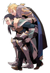  2boys absurdres aqua_capelet armor black_hair black_pants blonde_hair brown_footwear cape capelet carrying chainmail closed_eyes dimitri_alexandre_blaiddyd felix_hugo_fraldarius fire_emblem fire_emblem:_three_houses fire_emblem_warriors:_three_hopes full_body fur_trim gauntlets greaves hand_on_another&#039;s_shoulder highres leather_armor leather_footwear long_hair looking_at_another multiple_boys nervous_sweating pants pauldrons piggyback ponytail profile redlhzz short_ponytail shoulder_armor simple_background smile sweat sweatdrop white_background white_fur 