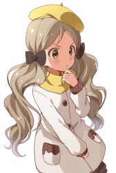  1girl black_ribbon blush bow buchi_(y0u0ri_) coat grey_hair hair_bow hair_ribbon hand_up handa_roco hat highres idolmaster idolmaster_million_live! idolmaster_million_live!_theater_days long_hair long_sleeves looking_at_another parted_bangs parted_lips pocket ribbon simple_background solo twintails v-shaped_eyebrows very_long_hair white_background white_coat yellow_eyes 