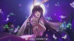  1girl animal_ears bug butterfly douluo_dalu dress full_moon hand_up highres lights long_hair moon night night_sky pink_dress rabbit_ears sky smile weibo_id weibo_logo xiao_wu_(douluo_dalu) 