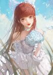  1girl absurdres blue_sky bouquet_(blue_dragon) brown_hair bug butterfly clouds douluo_dalu dress grass highres pink_eyes sky wedding_dress weibo_id weibo_logo xiao_wu_(douluo_dalu) 