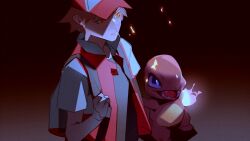  1boy backpack bag charmander clenched_hand closed_mouth commentary embers fire hat jacket male_focus matwvv open_clothes open_jacket orange_eyes pokemon pokemon_(creature) pokemon_rgby red_(pokemon) red_hat shirt short_hair short_sleeves 