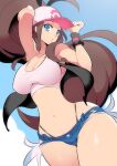  1girl baseball_cap blue_eyes breasts brown_hair denim denim_shorts hat highres hilda_(pokemon) large_breasts long_hair looking_at_viewer nac000 navel pokemon pokemon_(game) pokemon_bw ponytail short_shorts shorts solo thong wristband 