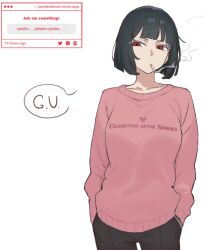  1girl alternate_costume black_hair black_pants casual cigarette english_text highres limbus_company pants past_desiderium pink_sweater project_moon red_eyes ryoshu_(project_moon) simple_background smoking solo speech_bubble sweater white_background 