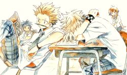  1girl 3boys :o alternate_costume arm_up black_hair black_pants blonde_hair blue_necktie book bracelet brown_eyes brown_hair checkered_clothes chips_(food) commentary_request covered_face day desk eating elbow_rest eraser facial_hair food food_in_mouth from_side hair_slicked_back hayner headband headdesk indoors jewelry kingdom_hearts kingdom_hearts_ii leaning_back leaning_forward male_focus multiple_boys mustache necktie olette on_chair open_book open_mouth pants paper pence pencil pencil_mustache plaid_clothes plaid_pants potato_chips reading roxas school_desk school_uniform serious shirt short_hair sidelocks sitting tomatoyama upper_body very_short_hair wavy_hair white_shirt wristband 