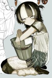  1girl arm_rest black_footwear black_hair black_skirt blue_background blunt_bangs blush bracelet bucket closed_mouth dot_mouth dress expressionless from_side highres hiro_016016 jewelry knee_pads kneeling leg_warmers loafers looking_at_viewer looking_to_the_side medium_hair multicolored_hair object_on_lap one_side_up original see-through see-through_dress shirt shirt_under_dress shoes short_sleeves simple_background skirt skirt_under_dress solo streaked_hair white_eyes white_hair white_shirt 