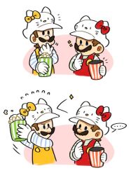  2boys alternate_costume brothers brown_hair cosplay facial_hair food hat hello_kitty_(character) hello_kitty_(character)_(cosplay) luigi mario mimimi_(mimimim9999) multiple_boys mustache orange_overalls overalls popcorn shirt short_hair siblings super_mario_bros. 