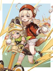  &gt;_&lt; 2girls :&lt; :d ;d absurdres ahoge animal_ears armlet backpack bag bandaid bandaid_on_knee bandaid_on_leg bandana bandana_around_neck blonde_hair bloomers blue_eyes blue_sky blush bomb boots border braid braided_sidelock brown_bag brown_footwear brown_gloves brown_hair brown_shorts cabbie_hat carrying chinchilla_ears clothes_around_waist clover_print coat commentary_request crop_top crossed_bandaids day dodoco_(genshin_impact) dress explosion explosive eyelashes fur-trimmed_mittens fur_trim genshin_impact gloves grass green_bandana hair_between_eyes hat hat_feather high_ponytail highres holding holding_bomb jewelry jumpy_dumpty kachina_(genshin_impact) klee_(genshin_impact) leg_tattoo long_hair long_sleeves looking_at_viewer low_twintails mittens multiple_girls murabito_b one_eye_closed open_mouth outside_border parted_bangs piggyback pocket pointy_ears pom_pom_(clothes) puffy_long_sleeves puffy_shorts puffy_sleeves randoseru red_coat red_eyes red_hat running shirt short_eyebrows short_shorts shorts sidelocks sky sleeveless sleeveless_shirt smile star_(symbol) tattoo teeth twintails upper_teeth_only v-shaped_eyebrows visor_cap white_bloomers white_border white_dress white_mittens white_shirt white_visor 