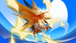  beak bird commentary electricity feathers full_body matwvv midair no_humans pokemon pokemon_(creature) talons yellow_feathers zapdos 