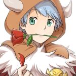  1boy bangs blue_hair brown_hood closed_mouth commentary_request eyebrows_visible_through_hair fake_horns flower flower_in_mouth fur_collar green_eyes holding holding_petal hood horned_hood horns looking_at_viewer mouth_hold natsuya_(kuttuki) petals ragnarok_online red_flower rose shadow_chaser_(ragnarok_online) short_hair simple_background smile smiley_face solo upper_body white_background 