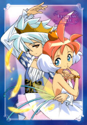  1boy 1girl ahoge ballerina bare_shoulders blue_eyes border bracelet character_name copyright_name crown falling_feathers feathers highres jewelry long_eyelashes magical_girl multicolored_hair mytho_(princess_tutu) necklace official_art prince princess_tutu princess_tutu_(character) retro_artstyle scan shitajiki siegfried_(princess_tutu) tutu 