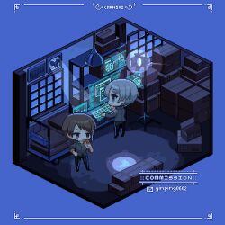  2boys animated animated_gif box brown_hair cardboard_box chansui_(ginping0602) chibi chibi_only dark eating food gakuran hijiyama_takatoshi holding holding_food hologram holographic_interface holographic_keyboard holographic_monitor holographic_touchscreen indoors juusan_kihei_bouei_ken male_focus multiple_boys okino_tsukasa school_uniform sleeves_rolled_up typing warehouse white_hair yakisobapan 