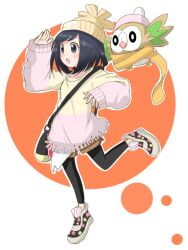  1girl :o alternate_costume bag beanie bird black_eyes black_hair black_leggings blush clothed_pokemon commentary_request emapippi flying handbag hat highres leggings looking_ahead medium_hair open_mouth orange_background owl pink_sweater poke_ball_print pokemon pokemon_(creature) pokemon_sm print_headwear rowlet selene_(pokemon) shoes shoulder_bag sleeves_past_wrists solo sweater two-tone_background two-tone_sweater white_background white_sweater wings yellow_hat 