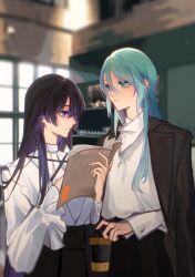  2girls absurdres aqua_hair bang_dream! black_hair black_pants blurry blurry_background brown_coat coat coat_on_shoulders commentary cup green_eyes hair_between_eyes highres hikawa_sayo holding holding_cup indoors kawa_(trash0kawa) long_hair long_hair_between_eyes long_sleeves multiple_girls open_mouth pants shirokane_rinko shirt shirt_tucked_in symbol-only_commentary violet_eyes white_shirt 