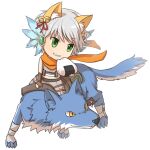  1boy alternate_color animal_ears bangs bell belt blue_wings brown_belt brown_gloves cat_ears chibi commentary_request crop_top eyebrows_visible_through_hair fingerless_gloves food full_body gloves green_eyes grey_hair grey_shirt grey_shorts grin hair_bell hair_ornament hair_ribbon head_wings holding holding_food jingle_bell looking_afar looking_to_the_side natsuya_(kuttuki) onigiri orange_scarf ragnarok_online ranger_(ragnarok_online) red_ribbon ribbon riding scarf shirt short_hair shorts simple_background sleeveless sleeveless_shirt smile solo two-tone_wings white_background wings 