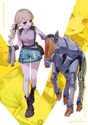  1girl absurdres belt_pouch black_gloves blonde_hair blush brown_footwear chain commentary_request copyright_name denim denim_shorts full_body gloves hair_ribbon highres holding_cloth kogara_toto lupinus_virtual_games nemoto_yuuma non-humanoid_robot open_mouth pink_shirt pouch red_eyes ribbon robot robot_animal see-through see-through_skirt shirt shorts shoulder_strap skirt sleeveless sleeveless_shirt socks solo standing strap twintails two-tone_background virtual_youtuber vspo! waist_bag white_background white_socks zoom_layer 