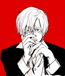  1boy chief_(chiefvinsmoke) cigarette collared_shirt curly_eyebrows facial_hair hair_over_one_eye holding holding_cigarette looking_ahead looking_at_viewer male_focus mustache one_piece red_background sanji_(one_piece) shirt short_hair simple_background solo suit 