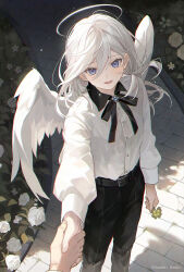  2boys :d arm_at_side black_pants black_ribbon blue_eyes blush brick_floor buttons clover collared_shirt commentary_request day dot_nose dress_pants feathered_wings feet_out_of_frame flower formal four-leaf_clover garden hair_between_eyes halo highres holding holding_hands holding_plant long_hair looking_at_viewer male_focus multiple_boys namiki_itsuki neck_ribbon open_mouth original out_of_frame outdoors outstretched_arm pants plant pov pov_hands ribbon shadow shirt shirt_tucked_in smile solo_focus twitter_username white_flower white_hair white_shirt white_wings wings 