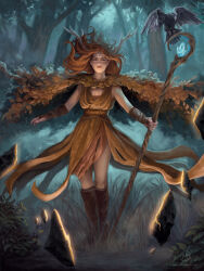  1girl absurdres artist_name boots brown_dress brown_footwear brown_gloves brown_hair bush critical_role crown dress dungeons_&amp;_dragons fantasy fingerless_gloves forest gloves green_eyes highres holding holding_staff keyleth_(critical_role) leaf leaf_cape leaf_clothing long_hair looking_at_viewer nature olivia_hintz outdoors plant_clothing signature sleeveless sleeveless_dress solo staff tree web_address 