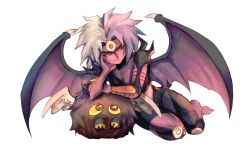  1other absurdres black_wings body_fur brown_fur colored_sclera colored_skin duel_monster feathered_wings grey_hair highres judgedarts medium_hair purple_hair purple_skin purple_wings simple_background spiky_hair third_eye white_background white_wings winged_kuriboh wings yellow_sclera yu-gi-oh! yu-gi-oh!_gx yubel 