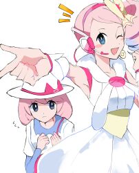  2girls bag bare_shoulders blue_eyes dual_persona hairband hat highres mole mole_under_eye multiple_girls one_eye_closed open_mouth pink_hair pink_hairband pokemon pokemon_bw2 shoulder_bag side_ponytail simple_background sioma709iie white_background white_hat yancy_(pokemon) 