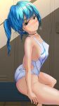  1girl aigami_kaon arched_back blue_hair breasts commentary_request competition_swimsuit cowboy_shot garter-velvet highres locker long_hair looking_at_viewer medium_breasts one-piece_swimsuit original ponytail sitting solo swimsuit white_swimsuit 