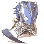  1boy armor blue_hair breastplate chainmail chibi commentary_request faulds gauntlets holding holding_scythe leg_armor mask masked natsuya_(kuttuki) pauldrons ragnarok_online royal_guard_(ragnarok_online) scythe shield short_hair shoulder_armor simple_background solo standing white_background 