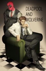  2boys absurdres alternate_costume beard black_footwear black_necktie black_pants black_vest buttons checkered_floor closed_mouth couch deadpool deadpool_&amp;_wolverine deadpool_(series) dress_shirt english_text facial_hair formal full_body head_rest highres jacket lia_ria looking_at_viewer male_focus marvel marvel_cinematic_universe mask multiple_boys muscular muscular_male necktie on_couch pants red_mask shirt sitting vest white_jacket wolverine_(x-men) x-men 